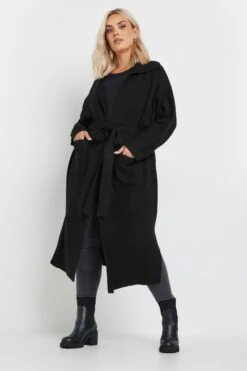 YOURS - Cardigan Maxi Épais Noir à Ceinture
