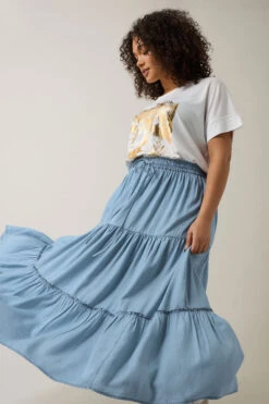 EVANS Curve Light Blue Lyocell Denim Tiered Skirt -Evans Boutique 7bedec14 0a96 46 616011 C