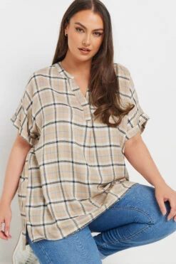 YOURS - Chemisier Beige à Carreaux Manches Courtes