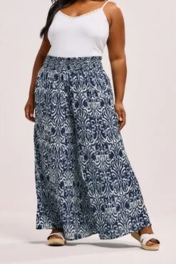 YOURS Curve Pantalon à Taille Froncée En Ikat Bleu