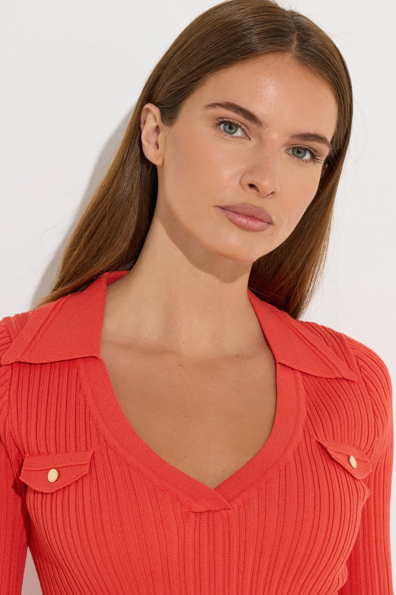 STAR Coral Orange Knitted Pocket Collar Top 7 STAR Coral Orange Knitted Pocket Collar Top – Image 5