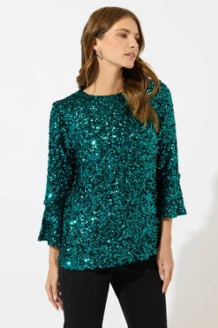 M&Co Green Sequin Flute Sleeve Top -Evans Boutique 7f80ff37 5d0f 4e 502583 B