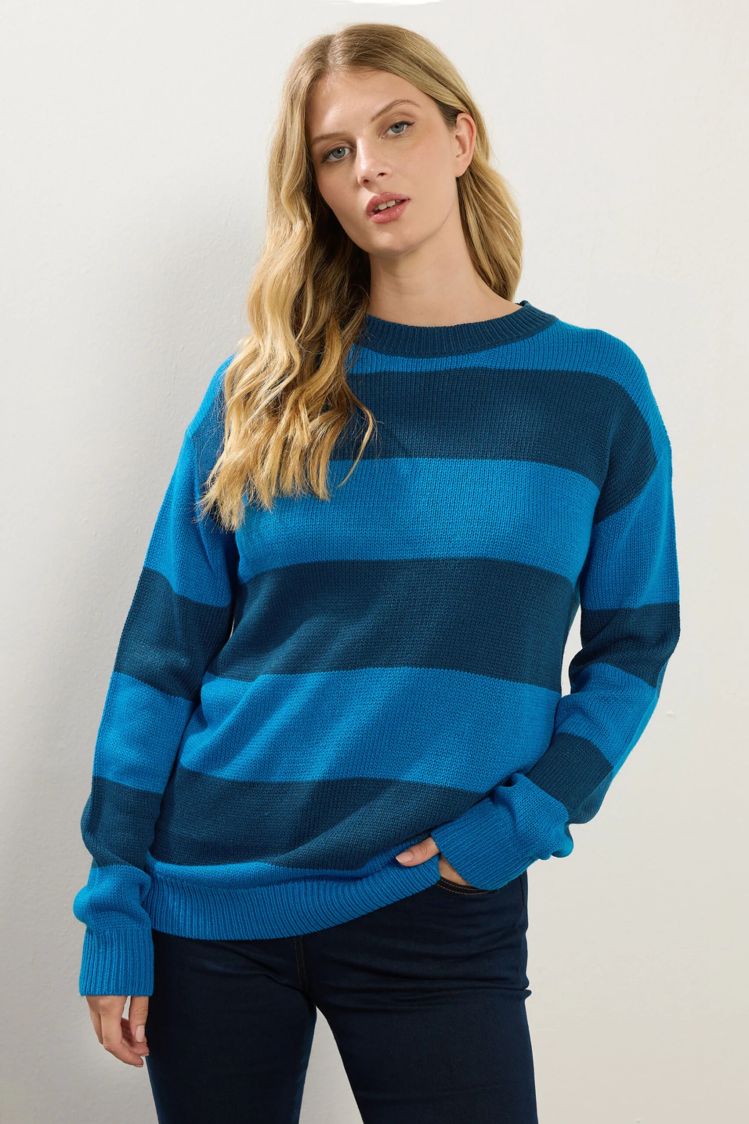 LTS Tall Blue Knitted Stripe Crew Neck Jumper 3 LTS Tall Blue Knitted Stripe Crew Neck Jumper
