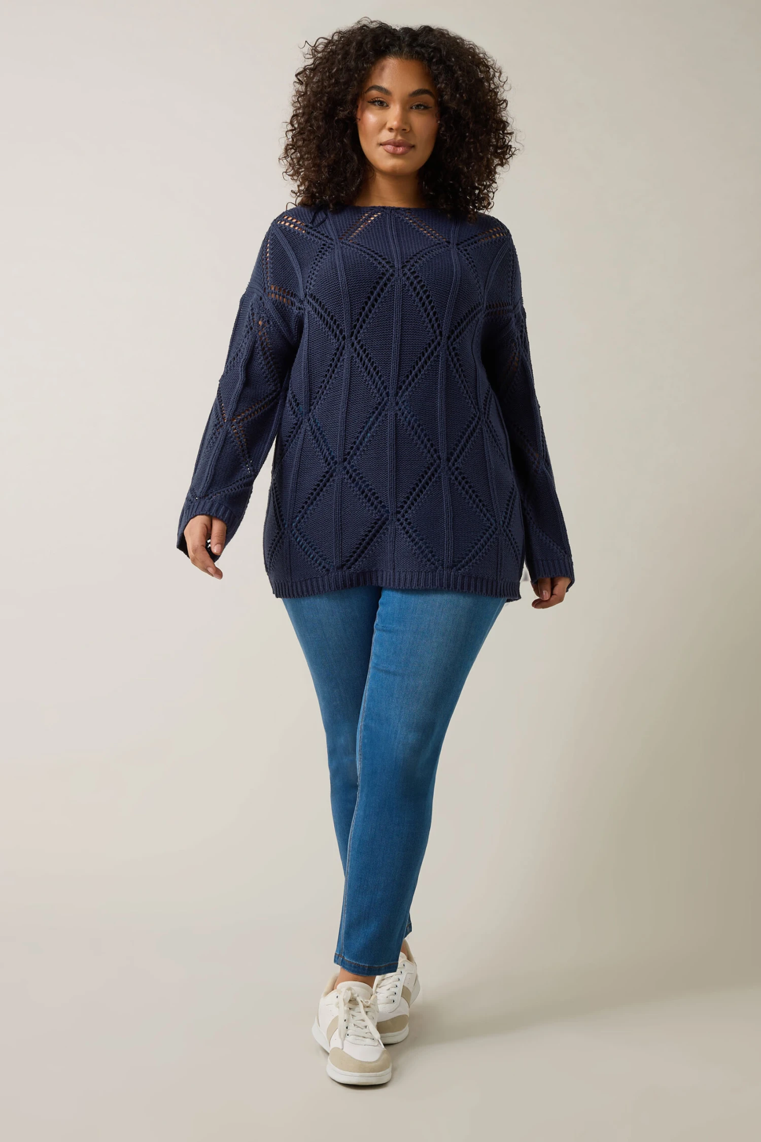 EVANS Curve Navy Blue Diamond Pointelle Jumper 5 EVANS Curve Navy Blue Diamond Pointelle Jumper – Image 3