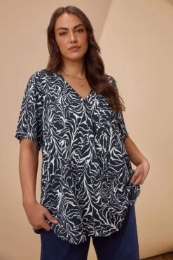 EVANS Curve Navy Blue Abstract Floral Pleat Swing Top