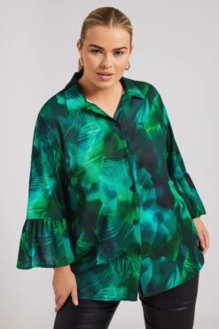 YOURS LONDON - Chemisier Vert Tâcheté Abstrait Manches Volantées