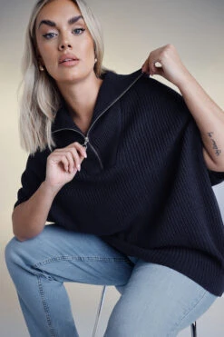 YOURS - Pull En Maille Bleu Marine Manches Courtes