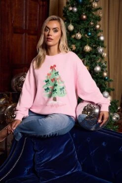 YOURS Curve Sweat-shirt Fantaisie Avec Nœud Rose Et Sapin De Noël