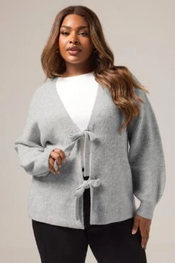 YOURS Curve Cardigan Gris à Nœud Papillon Sur Le Devant -Evans Boutique 855b9f82 5638 4a 280704 A