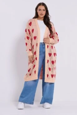 YOURS Curve Cardigan Mi-long Rose à Motif Losanges Et Cœurs