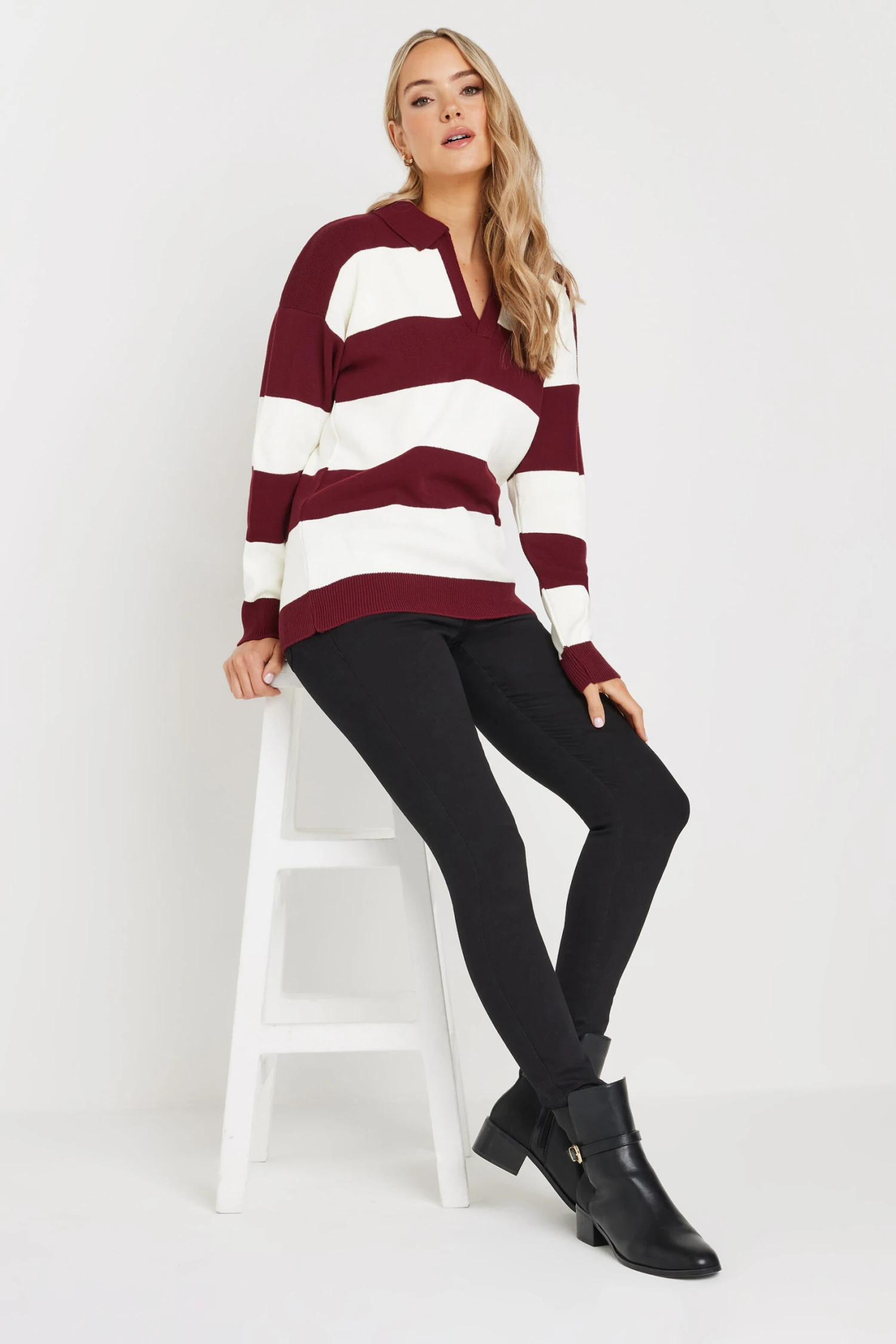 LTS Tall Burgundy Red Knitted Stripe Collared Jumper 4 LTS Tall Burgundy Red Knitted Stripe Collared Jumper – Image 2