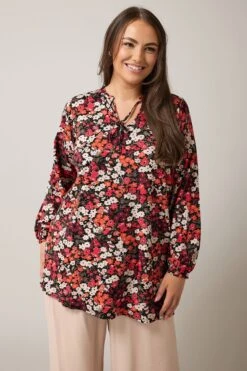 EVANS Curve Orange Ditsy Floral Tie Neck Top