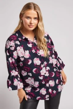 YOURS LONDON - Chemisier Noir Floral Rose Manches Volantées