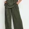 YOURS - Pantalon Wide Leg Vert Kaki Plissé