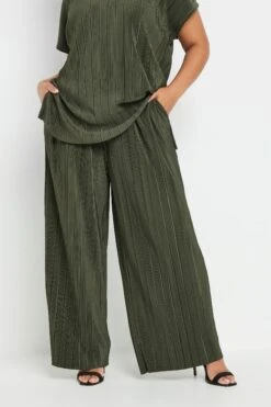 YOURS - Pantalon Wide Leg Vert Kaki Plissé