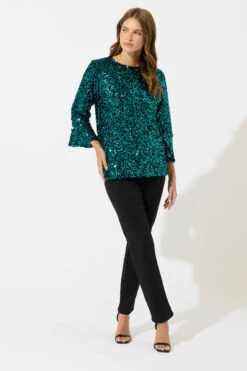 M&Co Green Sequin Flute Sleeve Top -Evans Boutique 87929491 9fd2 4d 502583 A
