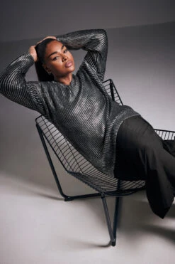 YOURS - Pull En Maille Noir & Gris Métallique Manches Longues