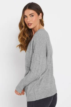 LTS Tall Grey Cable Knit V-Neck Jumper -Evans Boutique 88c64814 6360 4c 353829 C