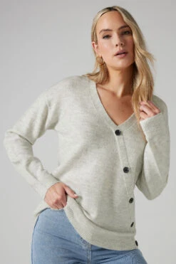 LTS Tall Grey Marl Knit Wrap Button Jumper -Evans Boutique 88d724cd a269 43 355332 B