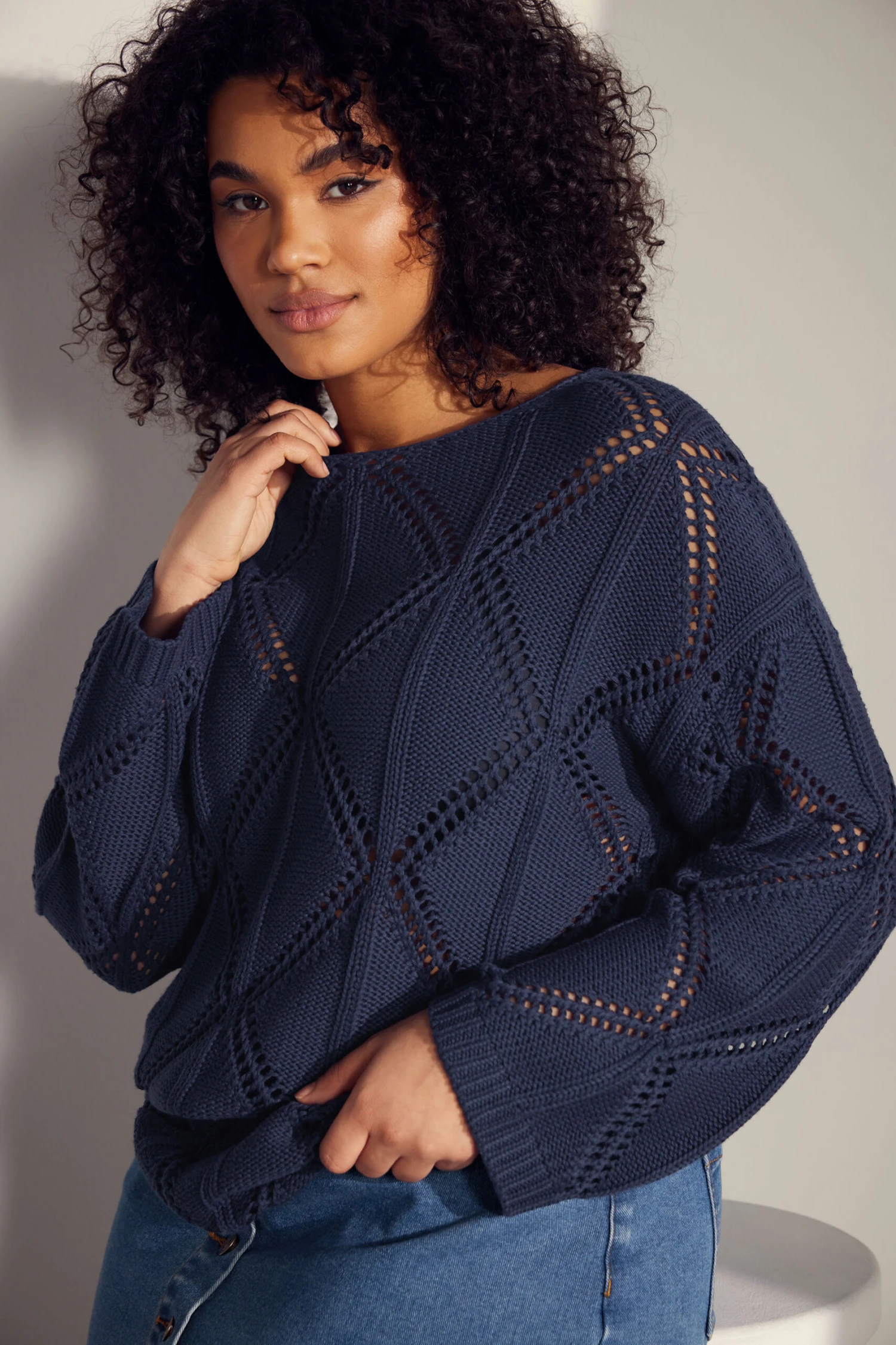 EVANS Curve Navy Blue Diamond Pointelle Jumper 3 EVANS Curve Navy Blue Diamond Pointelle Jumper