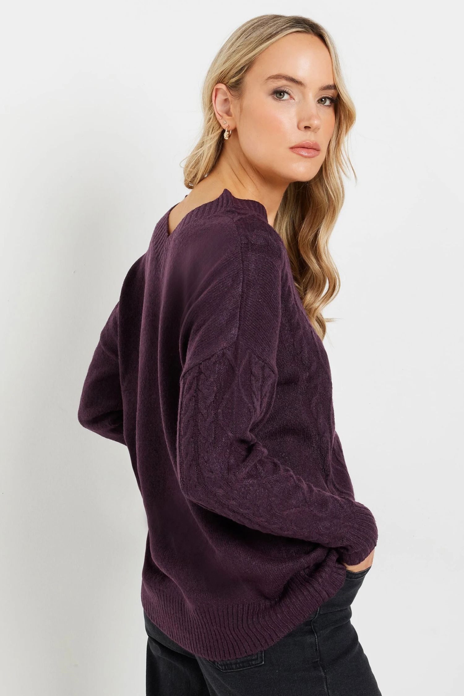 LTS Tall Dark Purple Cable Knit V-Neck Jumper 6 LTS Tall Dark Purple Cable Knit V-Neck Jumper – Image 4