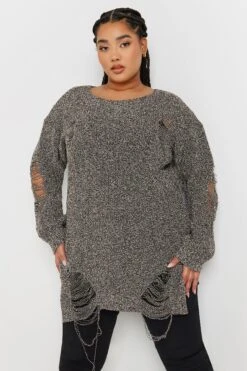 YOURS - Pull Grisé Déchiré En Maille Manches Longues