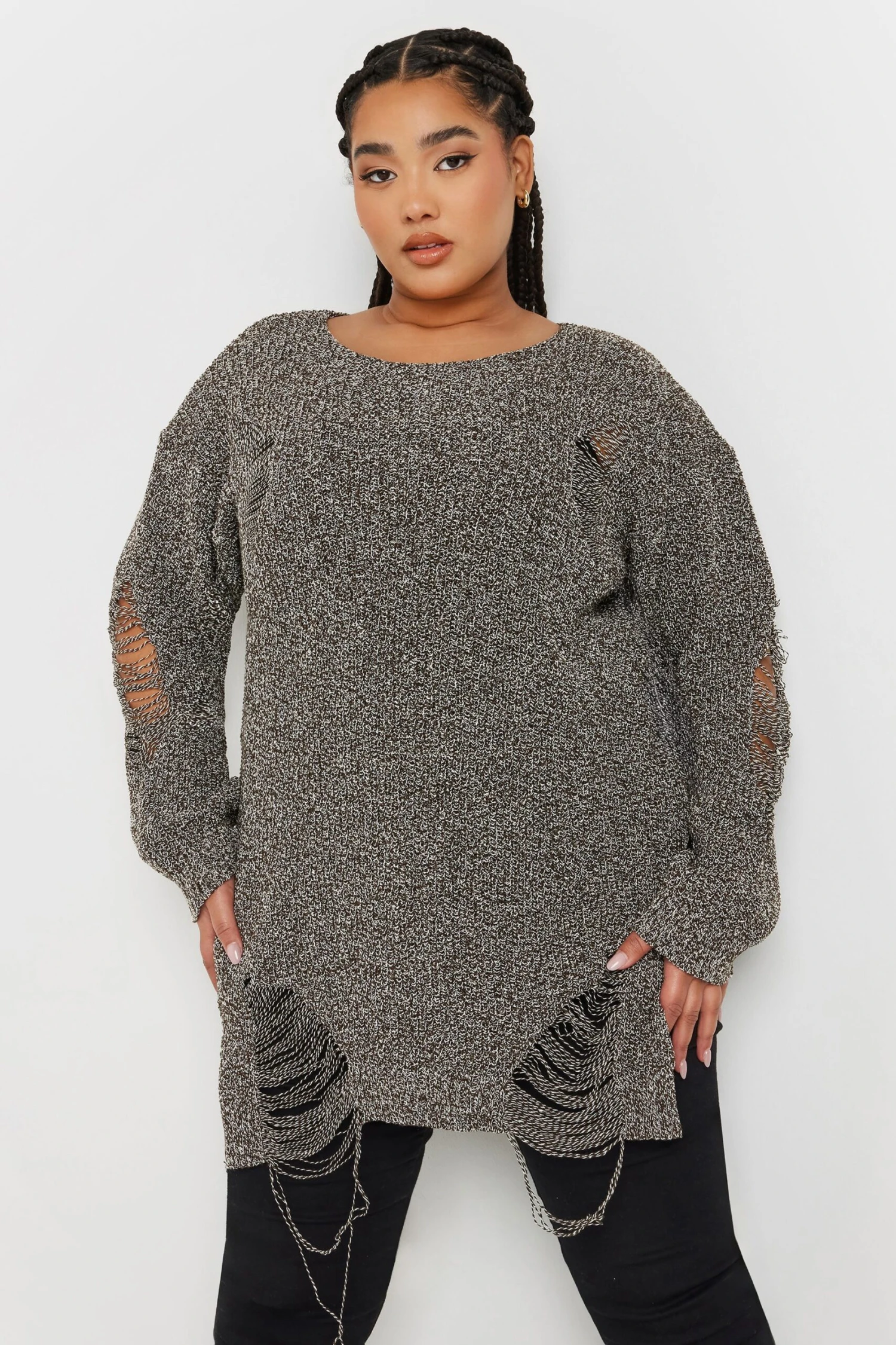 YOURS - Pull Grisé Déchiré En Maille Manches Longues 3 YOURS - Pull Grisé Déchiré En Maille Manches Longues