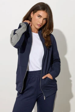 LTS Tall Navy Blue Side Stripe Funnel Zip Sweatshirt