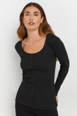 LTS Tall Black Ribbed Button Long Sleeve Top
