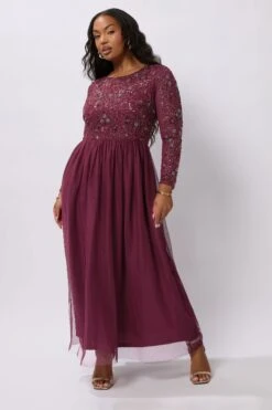 LUXE - Robe Longue Bordeaux Rouge à Sequins Et Fleurs Ornées à La Main