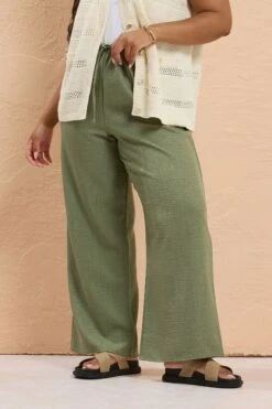 YOURS - Pantalon Wide Leg Vert Kaki Plissé En Lin
