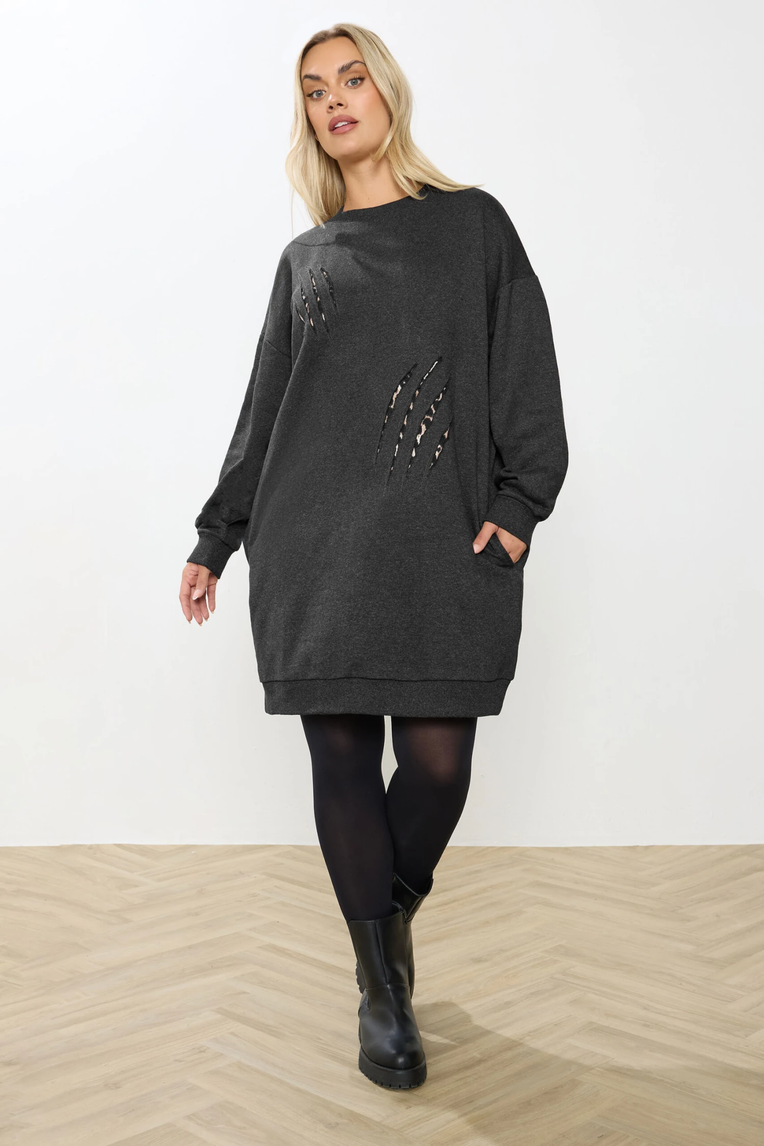 YOURS Curve Robe Sweat-shirt Grise à Imprimé Léopard 4 YOURS Curve Robe Sweat-shirt Grise à Imprimé Léopard – Image 2