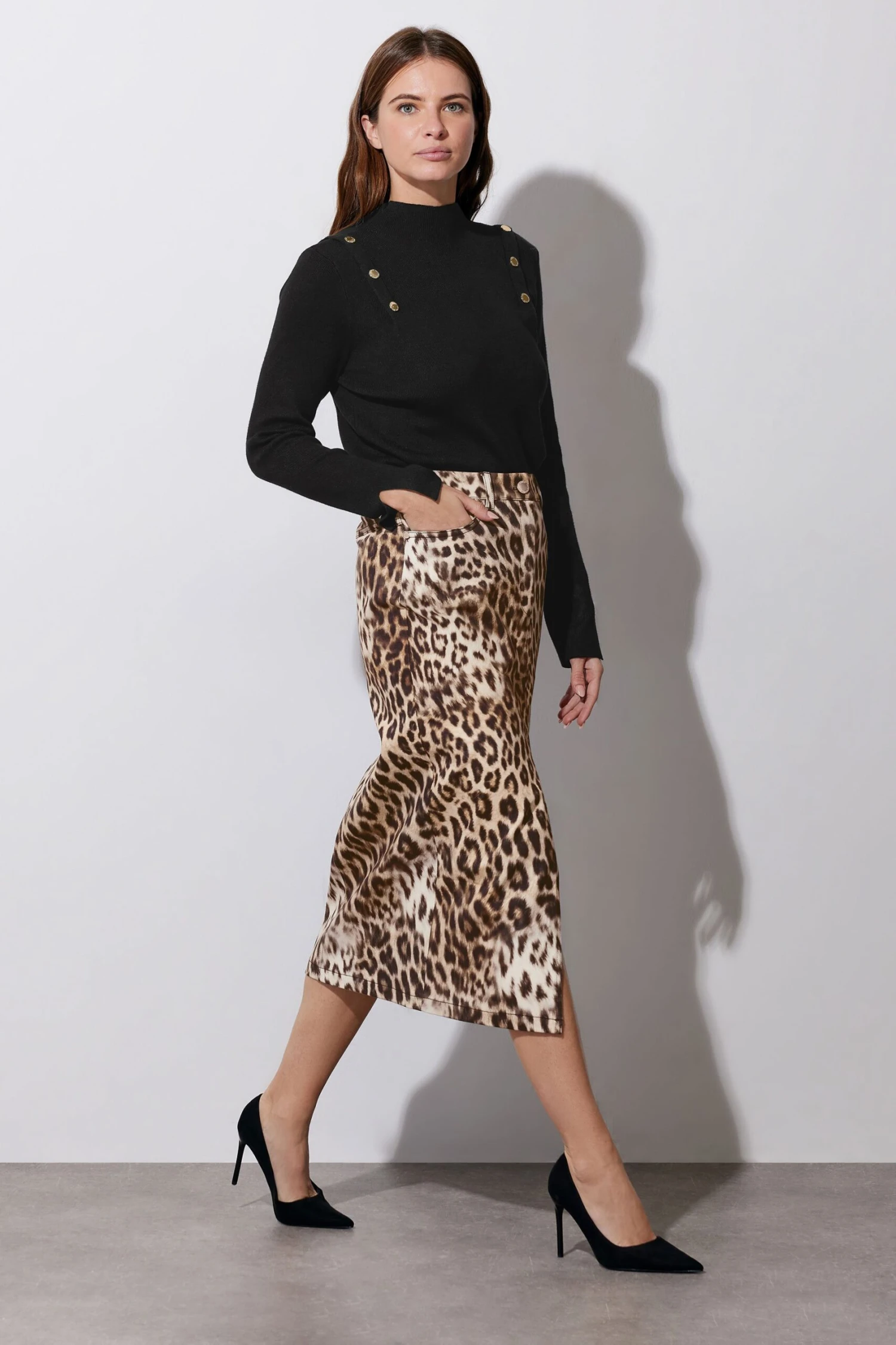 STAR Beige Brown Denim Leopard Print Midi Skirt 7 STAR Beige Brown Denim Leopard Print Midi Skirt – Image 5