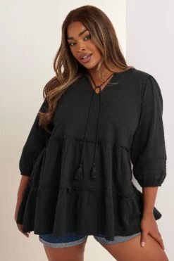 YOURS - Top Noir Smocké Manches Longues