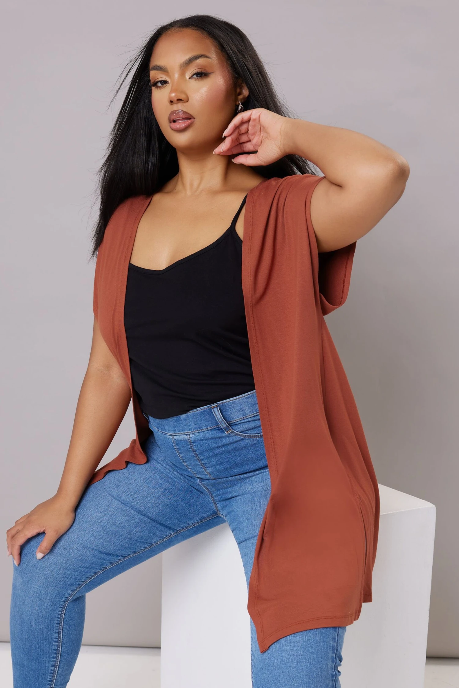 YOURS Curve Cardigan En Jersey Orange Rouille à Manches Longues 3 YOURS Curve Cardigan En Jersey Orange Rouille à Manches Longues