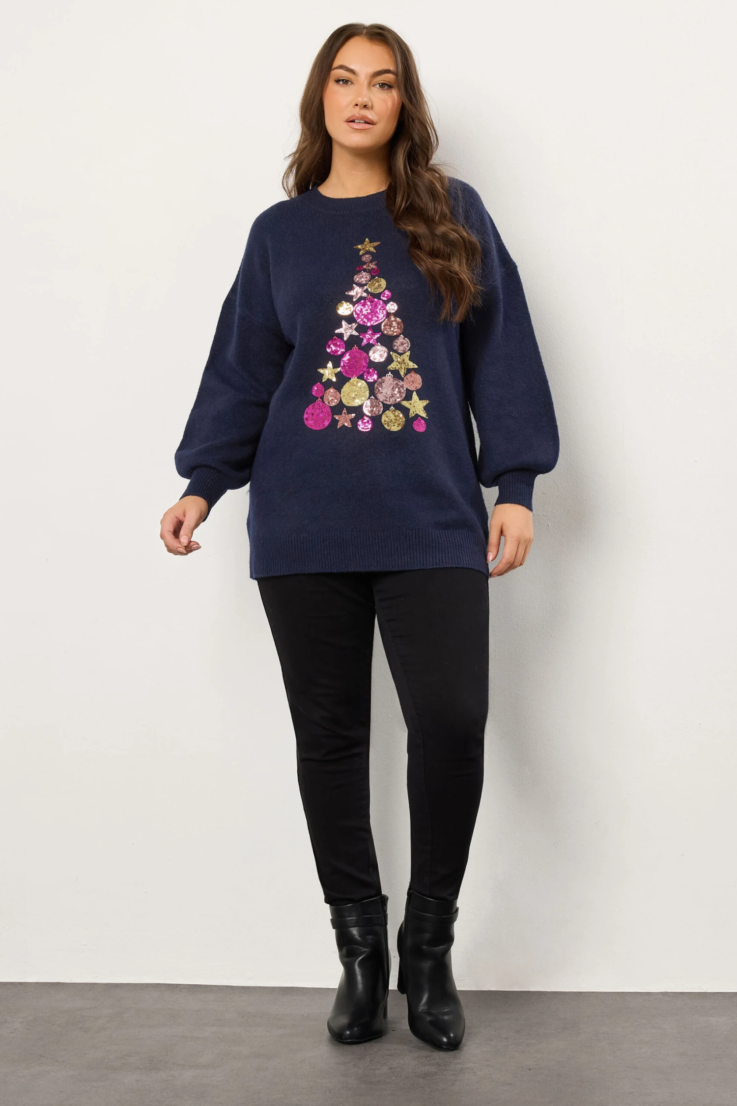 EVANS Curve Navy Blue Sequin Embellished Baubles Christmas Jumper 4 EVANS Curve Navy Blue Sequin Embellished Baubles Christmas Jumper – Image 2