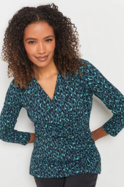 M&Co Teal Blue Leopard Print Wrap Top