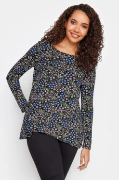 M&Co Black Floral Print Long Sleeve Top