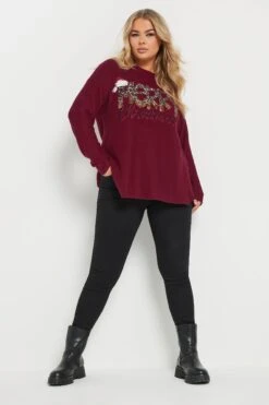 YOURS - Sweatshirt Bordeaux Brodé 'Merry Christmas' Sequins Léopard -Evans Boutique 93ae072b ecb2 40 303822 B