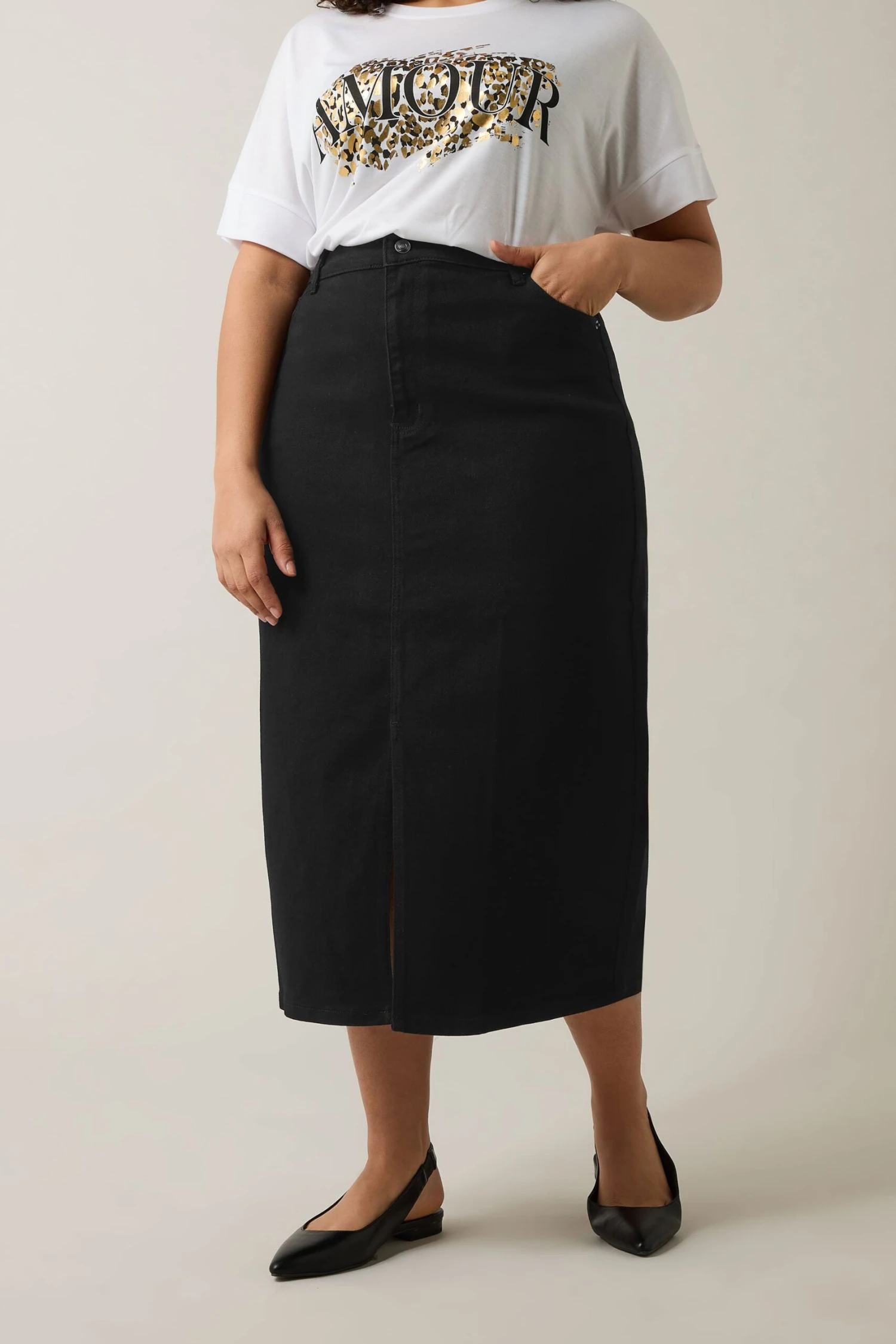EVANS Curve Black Split Hem Denim Midi Skirt 4 EVANS Curve Black Split Hem Denim Midi Skirt – Image 2