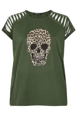 YOURS - Top Vert Kaki Squelette Manches Courtes Découpées -Evans Boutique 96516dca 763c 43 304146 X