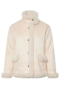 YOURS Curve Manteau à Poils Longs Blanc Ivoire Avec Bordure En Fausse Fourrure -Evans Boutique 97647508 5143 46 121126 X