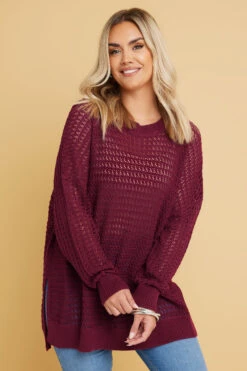 YOURS - Pull En Maille Bordeaux Fente à L'Ourlet