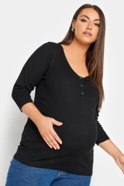 BUMP IT UP MATERNITY - Top Noir Nervuré Boutonné