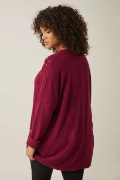 EVANS Curve Burgundy Red Stud Longline Jumper -Evans Boutique 9908477c b293 4a 615673 C