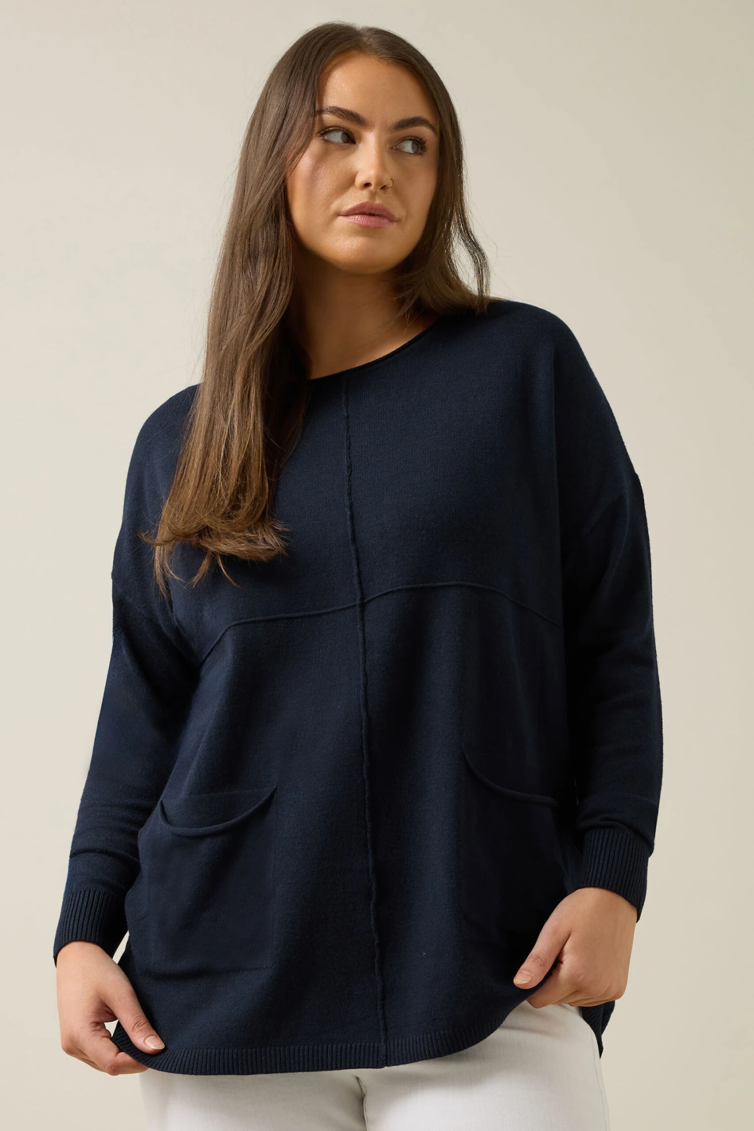 EVANS Curve Navy Blue Pocket Front Knitted Jumper 3 EVANS Curve Navy Blue Pocket Front Knitted Jumper