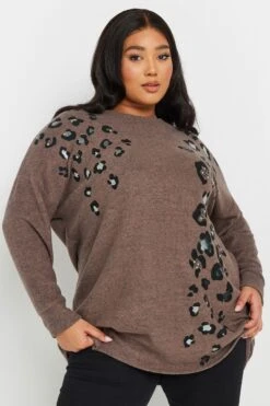 YOURS - Pull Marron Toucher Doux Design Léopard