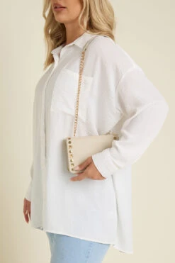 Beige Brown Faux Leather Stud Detail Cross Body Bag