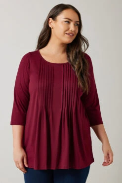 EVANS Curve Burgundy Red Pintuck Modal Rich Top