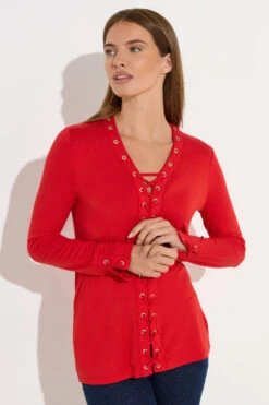 STAR Red Lace Up Eyelet Top